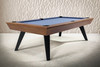 Angled full view of the USA-made Bellano Slate Pool Table by Doc & Holliday in Matte Brandywine on maple, shown with Championship Academy Blue felt, black steel legs, leather drop pockets, and a clean modern profile.