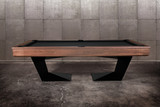 Side profile view of the Doc & Holliday TRON Pool Table featuring a handcrafted solid walnut wood top with visible natural grain | Industrial steel base in matte black with angular modern silhouette and precision slate bed | Photographed in a high-end interior setting | American-made billiards luxury by Doc & Holliday Billiards Side profile view of the Doc & Holliday TRON Pool Table featuring a handcrafted solid walnut wood top with visible natural grain | Industrial steel base in matte black with angular modern silhouette and precision slate bed | Photographed in a high-end interior setting | American-made billiards luxury by Doc & Holliday Billiards