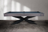 Studio shot of the Jett Steel Slate Pool Table in Smoke finish by Doc & Holliday — full side profile view showing the bold steel base, handcrafted maple frame, and precision slate playfield. The image highlights the Doc & Holliday steel logo nameplate and branding, underscoring its USA-made craftsmanship and heritage as a leading American billiard table maker.
