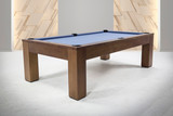 Peter Parsons Custom Slate Pool and Billiards Table by Doc & Holliday in Van Dyk finish with Academy Blue felt, leather pockets, pearl sights, and clean Parsons-style legs.