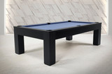Photo shoot 3/4 view of the Peter Parsons Custom Slate Pool Table in Matte Black with Academy Blue felt, leather pockets, and an architectural maple frame.