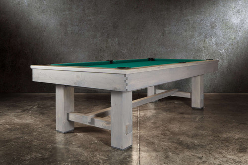 ¾ hero view of the Doc & Holliday Churchill Pool Table in Smoked Maple grey distressed finish with Championship felt and custom buffalo nickel sights.