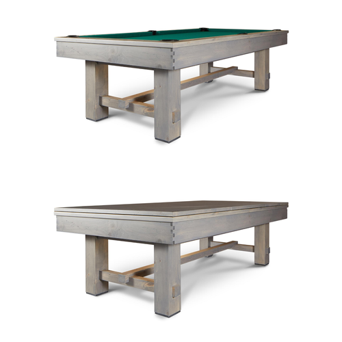 Hero studio image of the Doc & Holliday Churchill Pool Table in Smoked Maple distressed finish showing two versions stacked: the pool table with felt exposed on top and the same table with 3-piece dining top fully installed below.