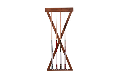 Full front view of the Doc & Holliday X Cue Wall Rack in hardwood finish, cues displayed inside, showcasing the bold X-frame silhouette.
