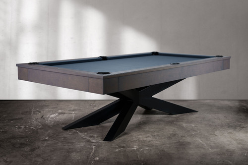 The Jett Steel Slate Pool Table in Smoke finish by Doc & Holliday — photographed in studio 3/4 angle. The cool grey tones of the Smoke finish complement the industrial strength of the steel base, creating a USA-made pool table that feels equally at home in a modern loft or a luxury game room.