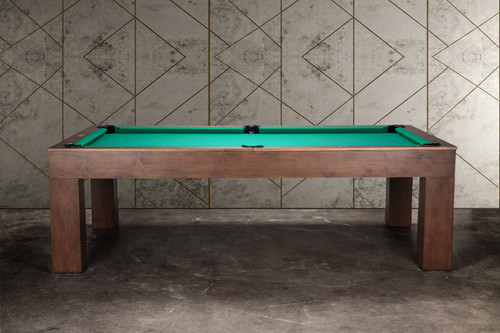 Side profile of the Doc & Holliday Paula Parsons Slate Pool Table in Antique Coffee, highlighting clean Parsons legs, slate surface, and leather corner pockets
