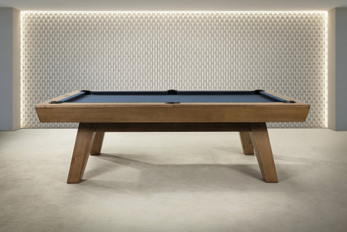 Side view of the George pool table in Glazed Maple without the dining top, highlighting the sculptural leg angles, solid maple frame, and clean mid-century proportions.