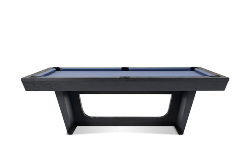 Front view of the Doc & Holliday Kaci Pool Table in Black Ash with blue felt, straight rails, visible wood grain, and a modern base.