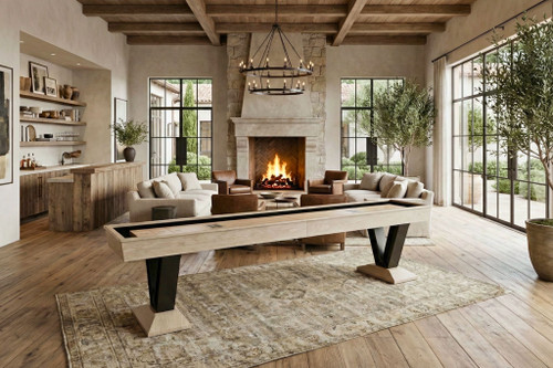 Doc & Holliday Savant steel shuffleboard table in Natural Ash with matte black steel legs.