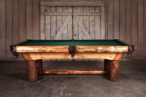 Handcrafted Woodslee slate pool table in Light Burl finish by Doc & Holliday — made in the USA with solid pine logs and premium billiard slate.