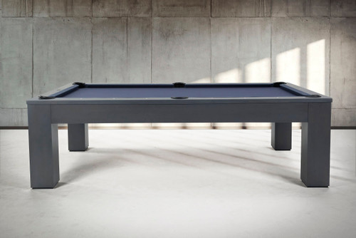 Side photo shoot view of the Peter Parsons Slate Pool Table in Matte Smoke with solid maple construction, straight rails, and substantial modern legs.