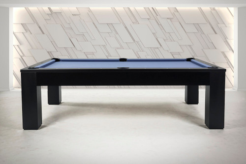 Peter Parsons Custom Slate Pool Table in Matte Black by Doc & Holliday with Academy Blue felt, leather pockets, pearl sights, and clean Parsons-style legs.