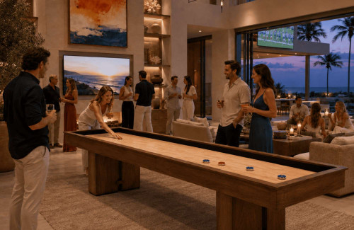 Jackie's Shuffleboard Table in a modern coastal game room with guests at sunset.