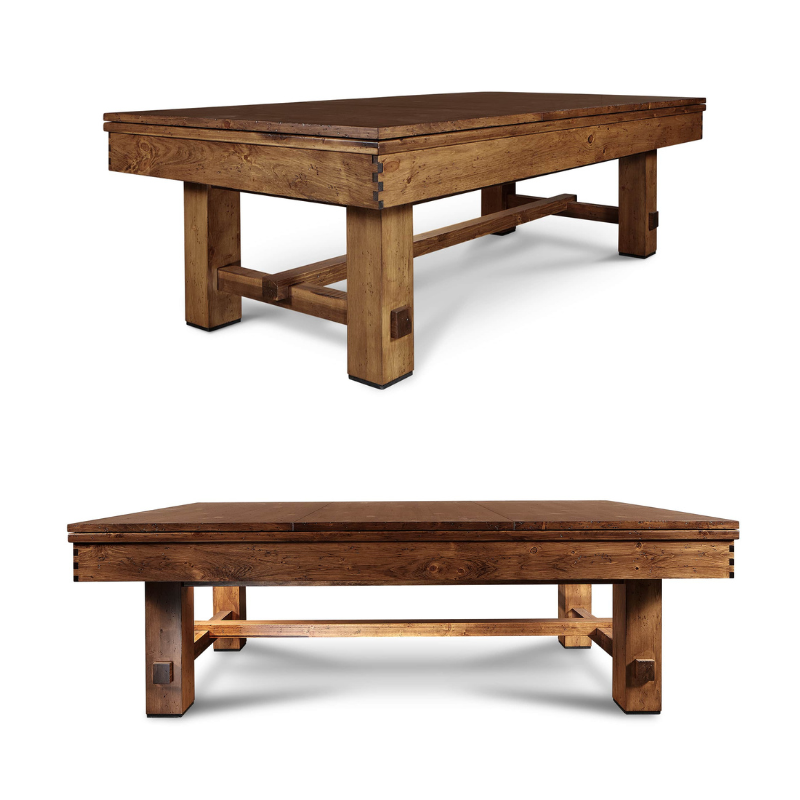 Hero ¾ view of the Doc & Holliday Churchill Rustic Pool & Billiard Table in Distressed Burl Pine with Championship blue felt, showing rustic distressed finish and custom buffalo nickel billiard sights.