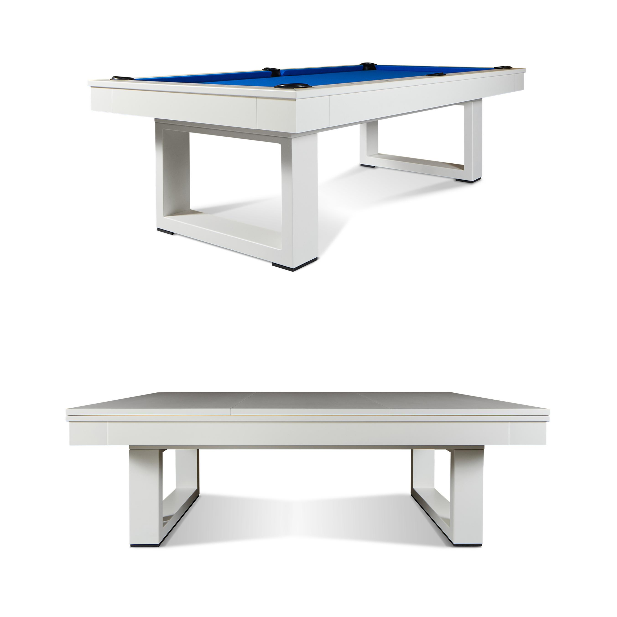 Doc & Holliday Santorini Slate Pool Table in White Maple, hero composite image on a white background. Top section shows the USA-made luxury billiards table uncovered for play; bottom section shows the convertible dining top in place. Fully custom, handcrafted pool dining table by Doc & Holliday Billiards.