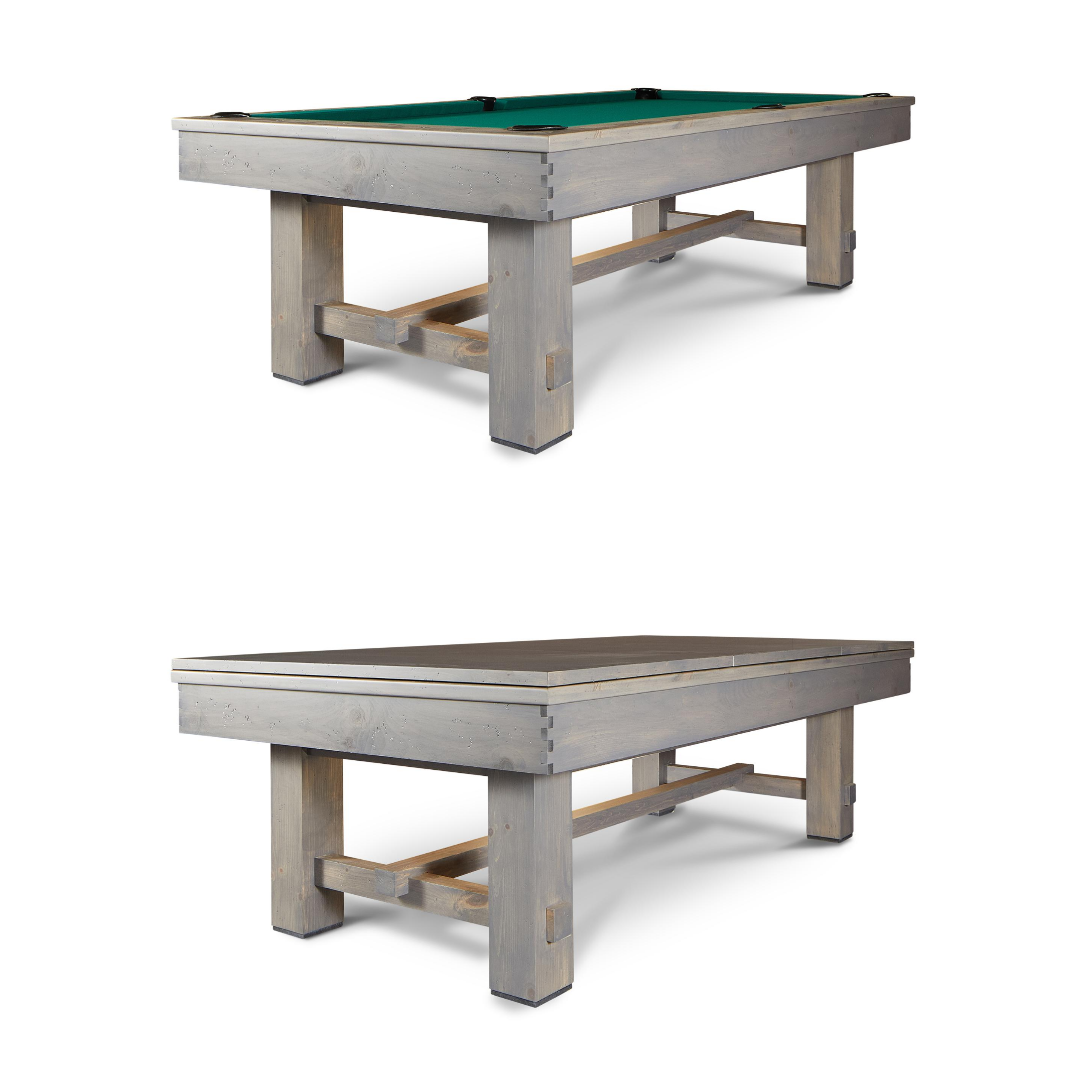 Hero studio image of the Doc & Holliday Churchill Pool Table in Smoked Maple distressed finish showing two versions stacked: the pool table with felt exposed on top and the same table with 3-piece dining top fully installed below.