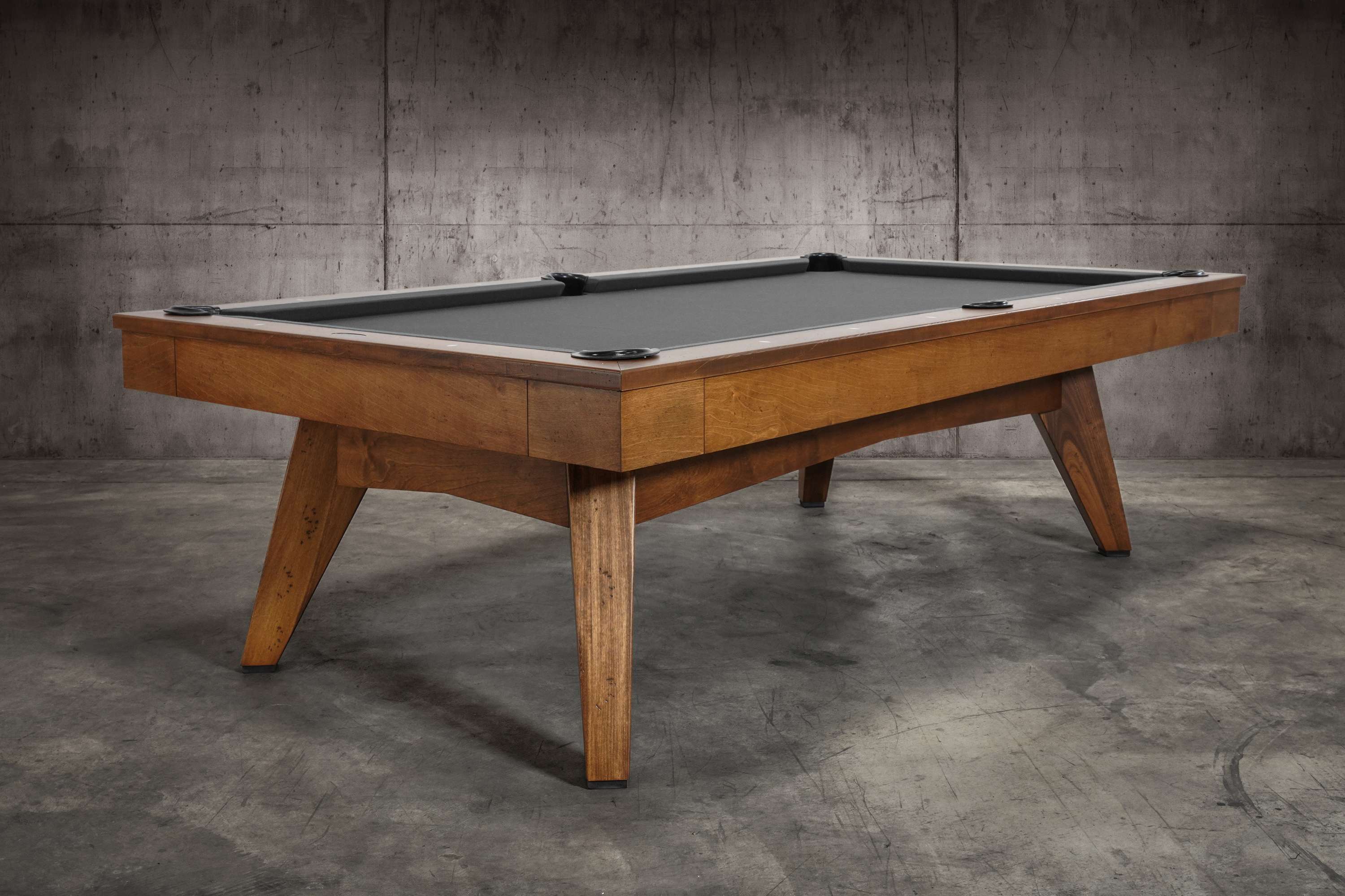 Luxury 3/4 angle of the Doc & Holliday Scholar Pool Table | Heritage Maple hardwood construction with mid-century modern legs and premium slate bed | Photographed in a Restoration Hardware inspired setting for modern luxury homes | Made in the USA