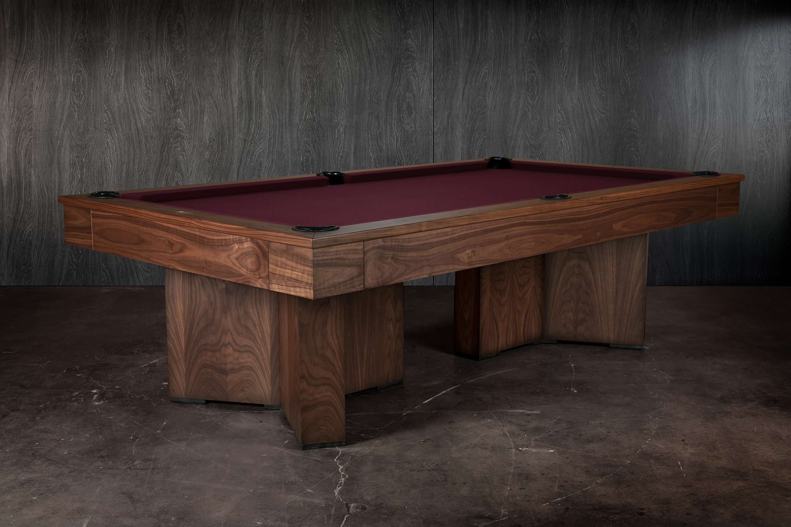 Arthur Deco solid walnut slate billiard table by Doc & Holliday shown in burgundy felt, USA-made luxury pool table.