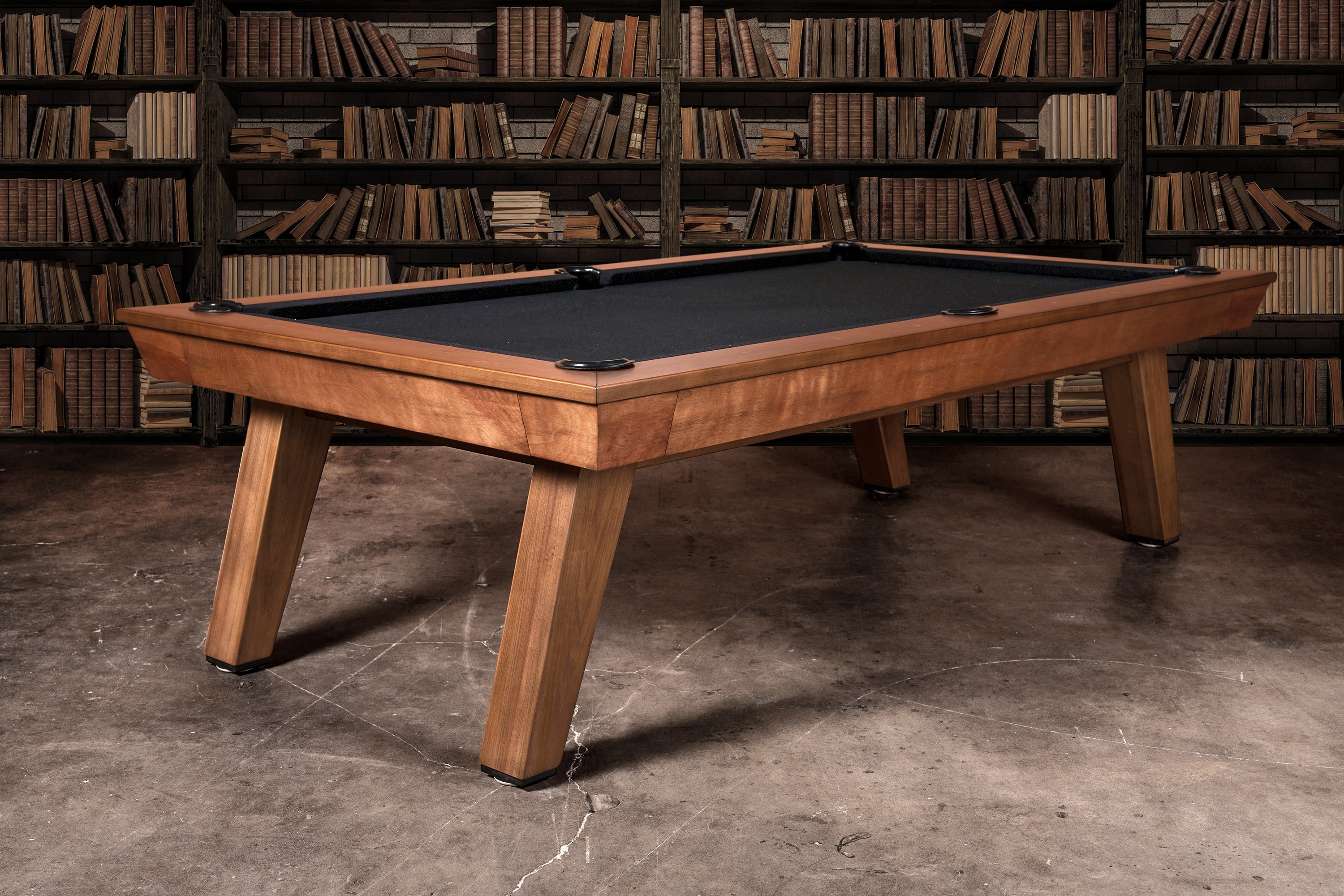 The Marvin Muse Slate Pool Table by Doc & Holliday Billiards in a 3/4 lifestyle view from the photo shoot. Handcrafted in the USA, it features sleek tapered legs, streamlined aprons, and a mid-century silhouette that anchors luxury residential and commercial interiors. Customizable felt and finish options make it a statement piece for design-driven spaces.