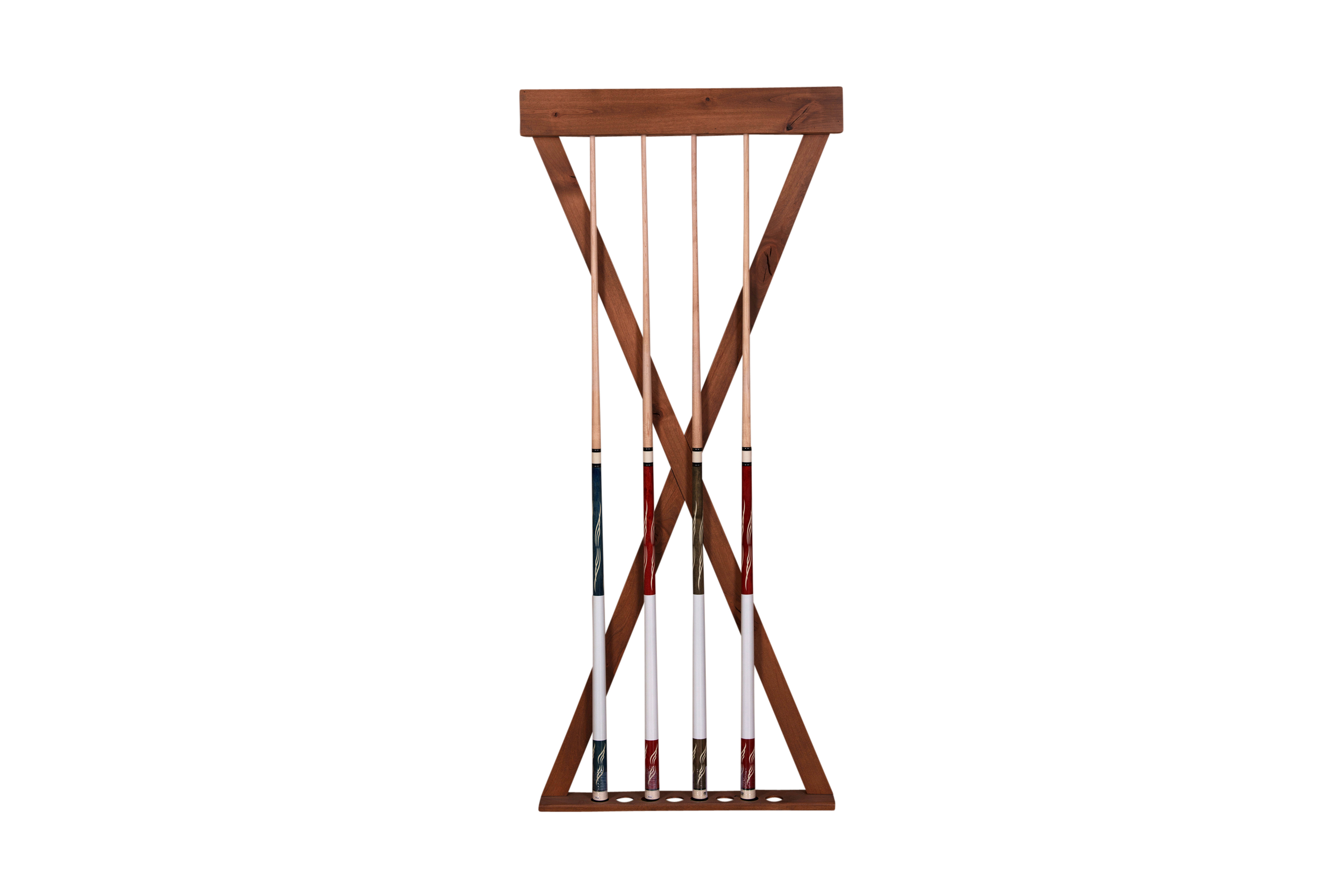 Full front view of the Doc & Holliday X Cue Wall Rack in hardwood finish, cues displayed inside, showcasing the bold X-frame silhouette.