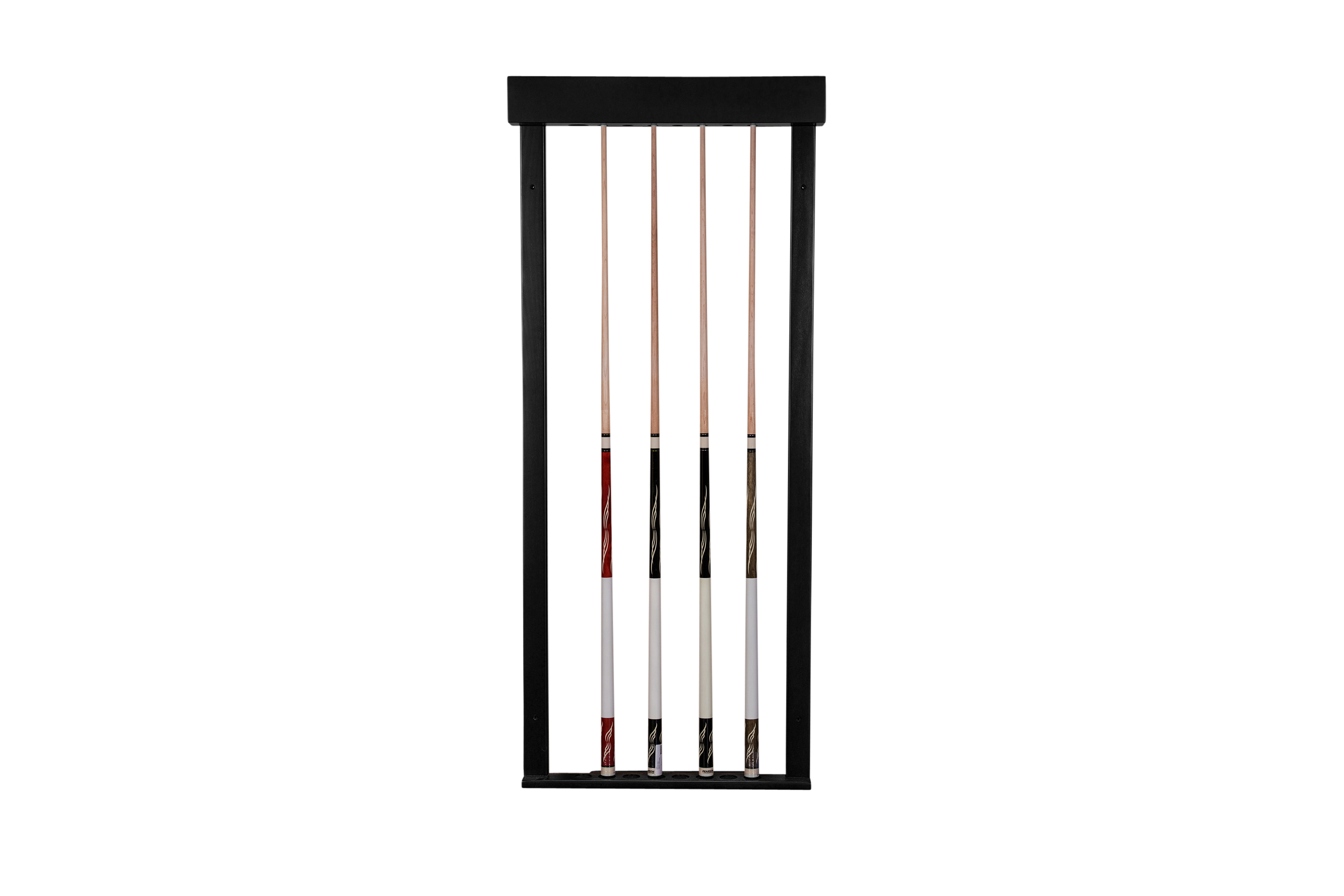 Front-facing view of the Doc & Holliday Churchill Cue Wall Rack in black finish, displayed on a clean white background, shown fully stocked with cue sticks.