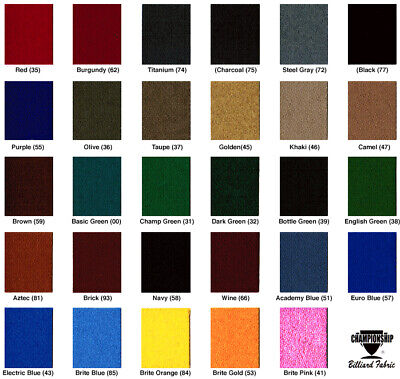 Championship Billiard Felt Card showing multiple 1x1 inch fabric swatches in a range of pool table felt colors, including green, red, blue, charcoal, and more, arranged neatly on a sample card.