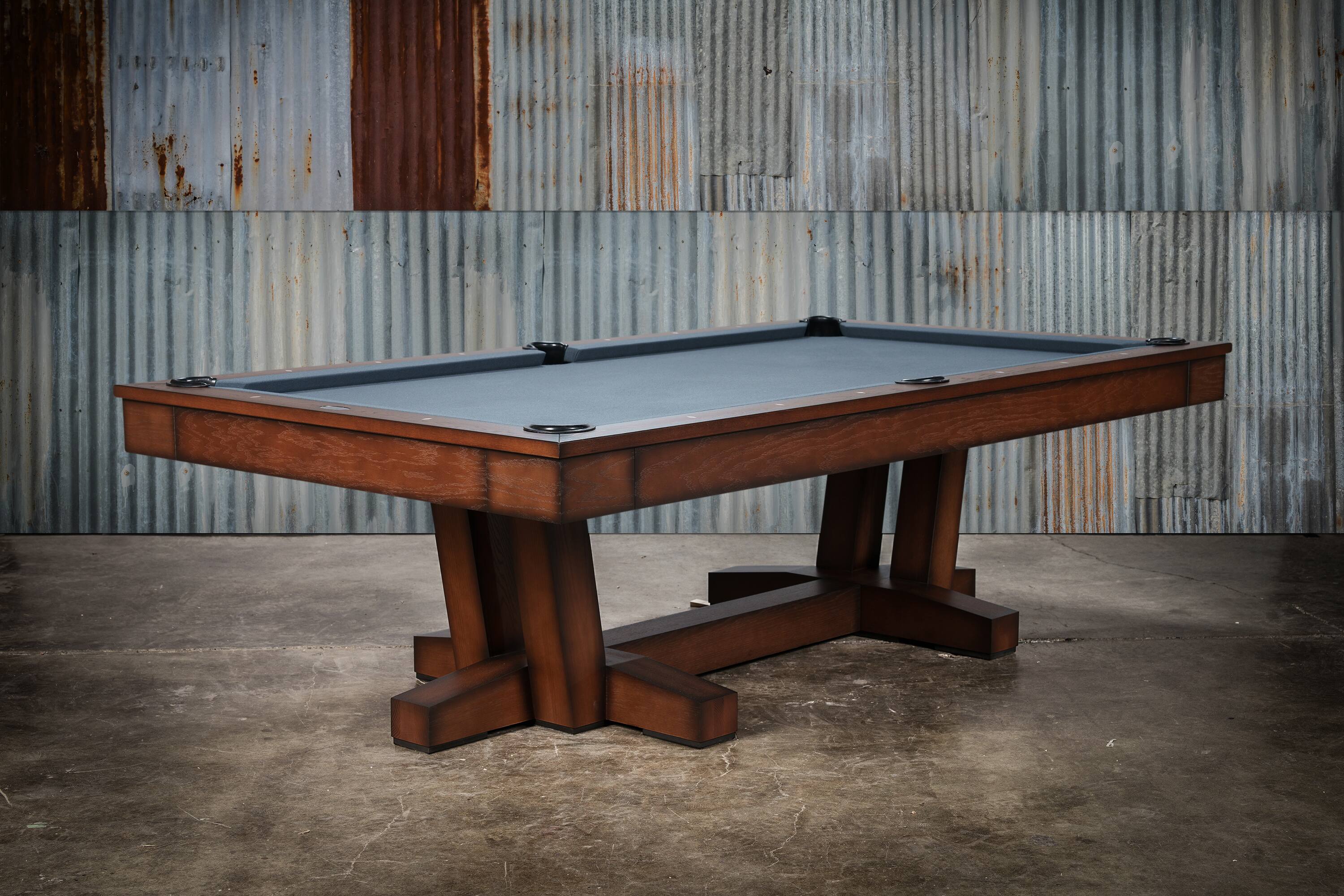Caroline Slate Pool Table by Doc & Holliday in Historic Finish with Championship Invitational Titanium felt and genuine leather drop pockets.
