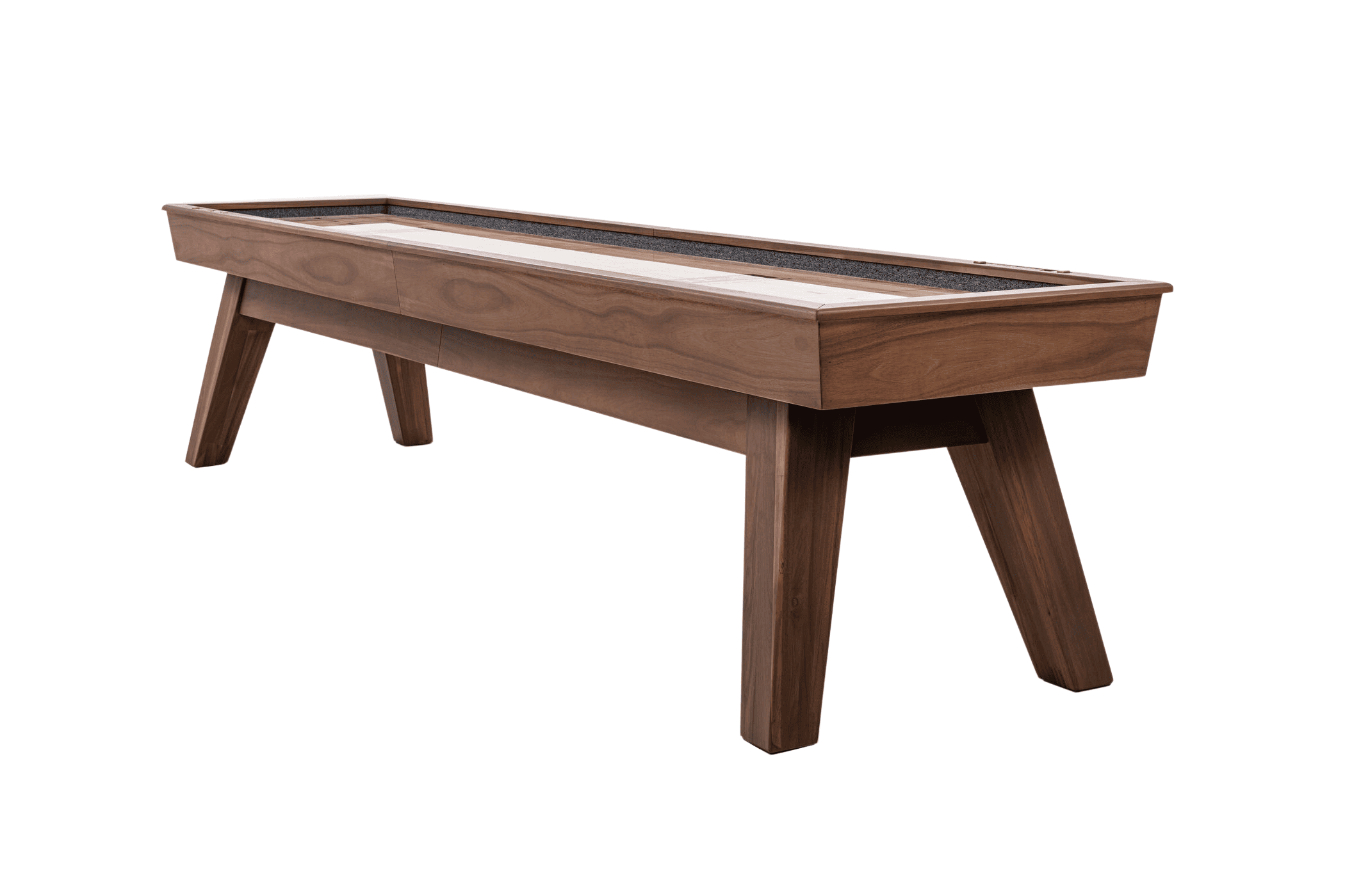 Three-quarter angle view of the George Shuffleboard Table in Grey Walnut finish by Doc & Holliday, photographed on a white background, showcasing mid-century flared legs, recessed scoring, and maple butcher block playfield.