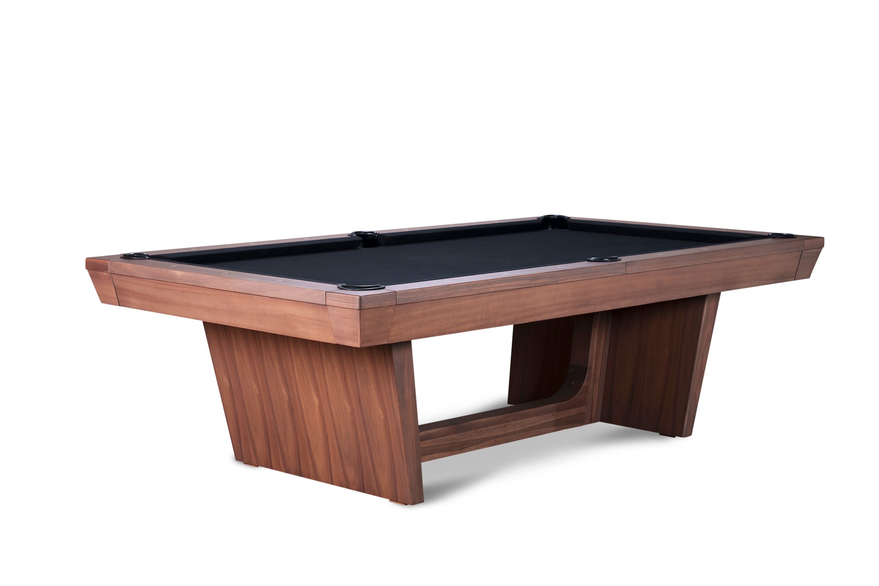 Kaci slate pool table by Doc & Holliday Billiards in Grey Walnut, shown at a three-quarter studio angle. Sleek tapered pedestal legs and a lean tapered rail/apron profile keep the silhouette modern and confident. A designer-grade slate billiard table with the American spirit that built the brand.