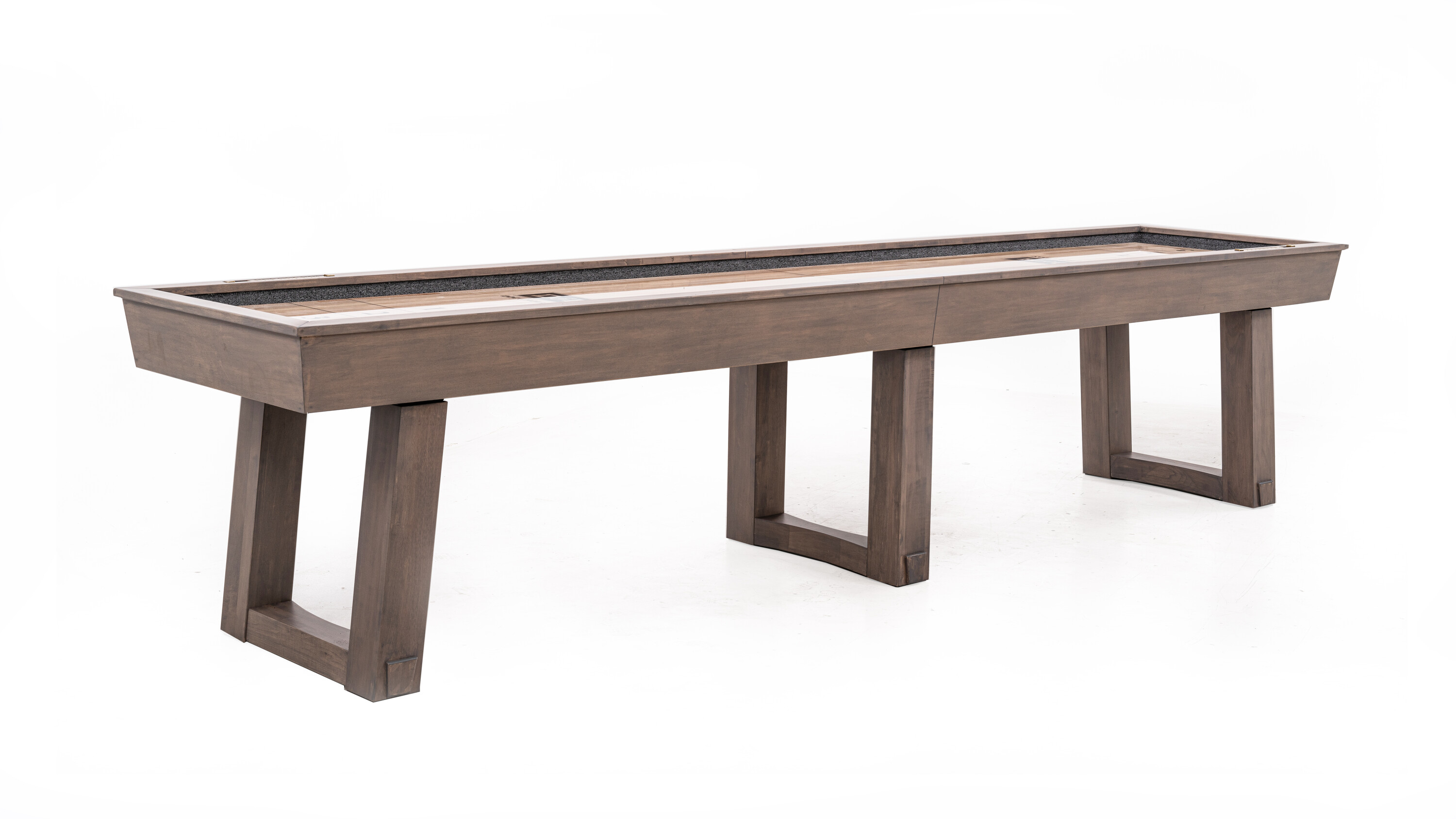 Doc & Holliday Bowie Shuffleboard Table in Glazed Pearl | angled 3/4 front view on white showing glazed pearl finish, maple playfield with polymer surface, and tapered leg design