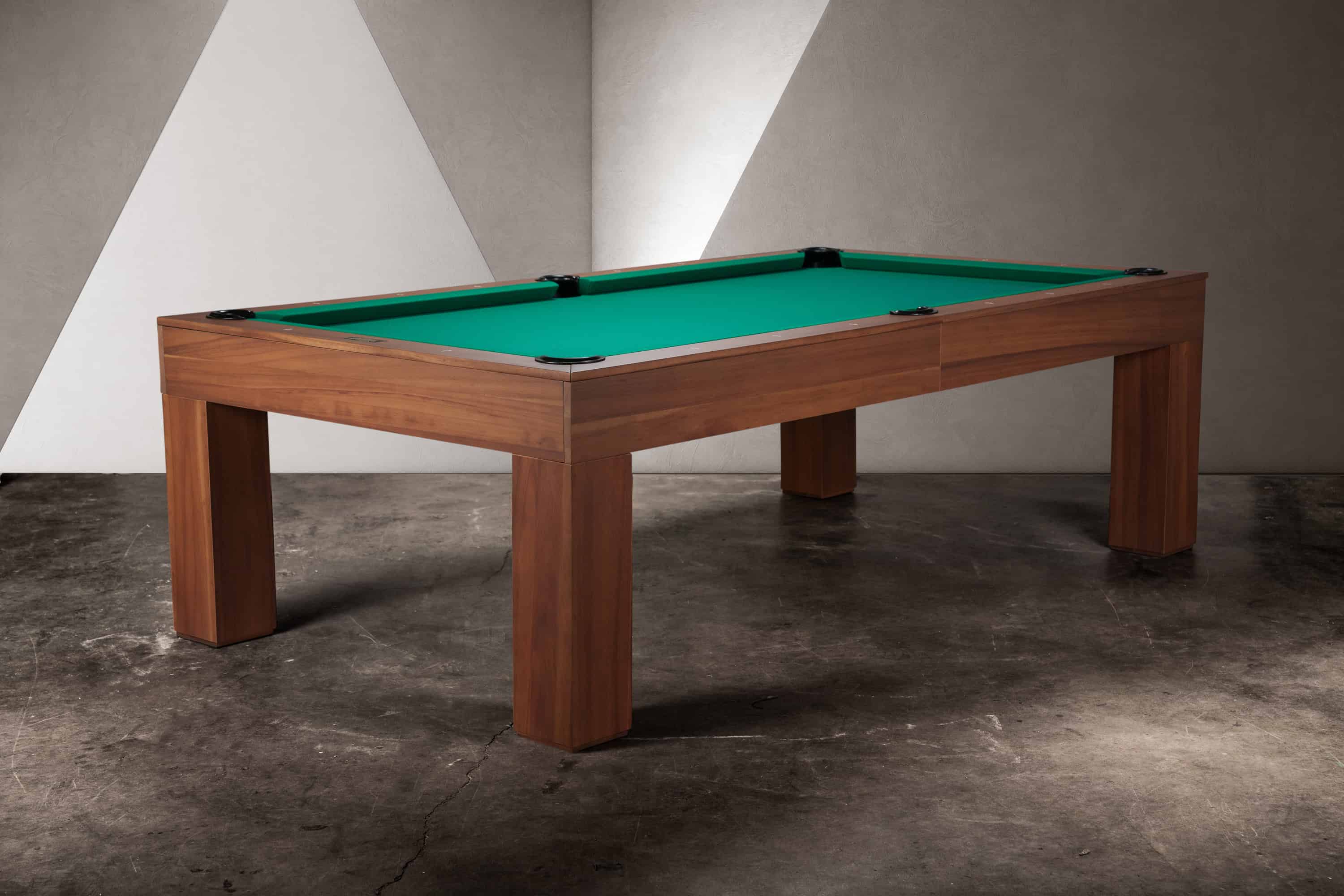 Doc & Holliday Paula Parsons 8-foot slate pool table in Grey Walnut finish, shown in a lifestyle 3/4 angle with green Championship felt and clean Parsons legs.