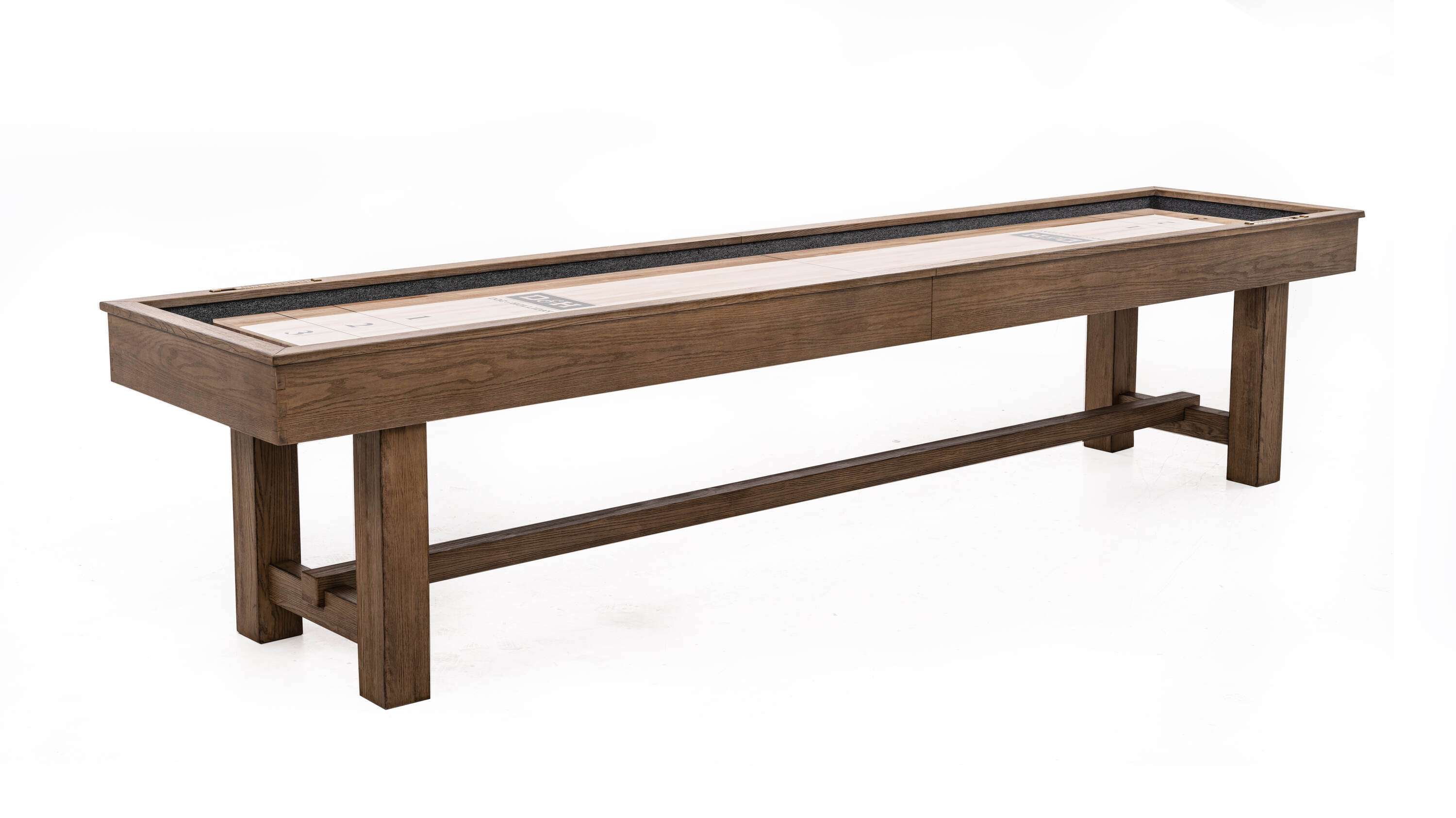 Doc & Holliday Hank Shuffleboard Table in Oaklee finish, 3/4 hero angle on white background with playfield visible