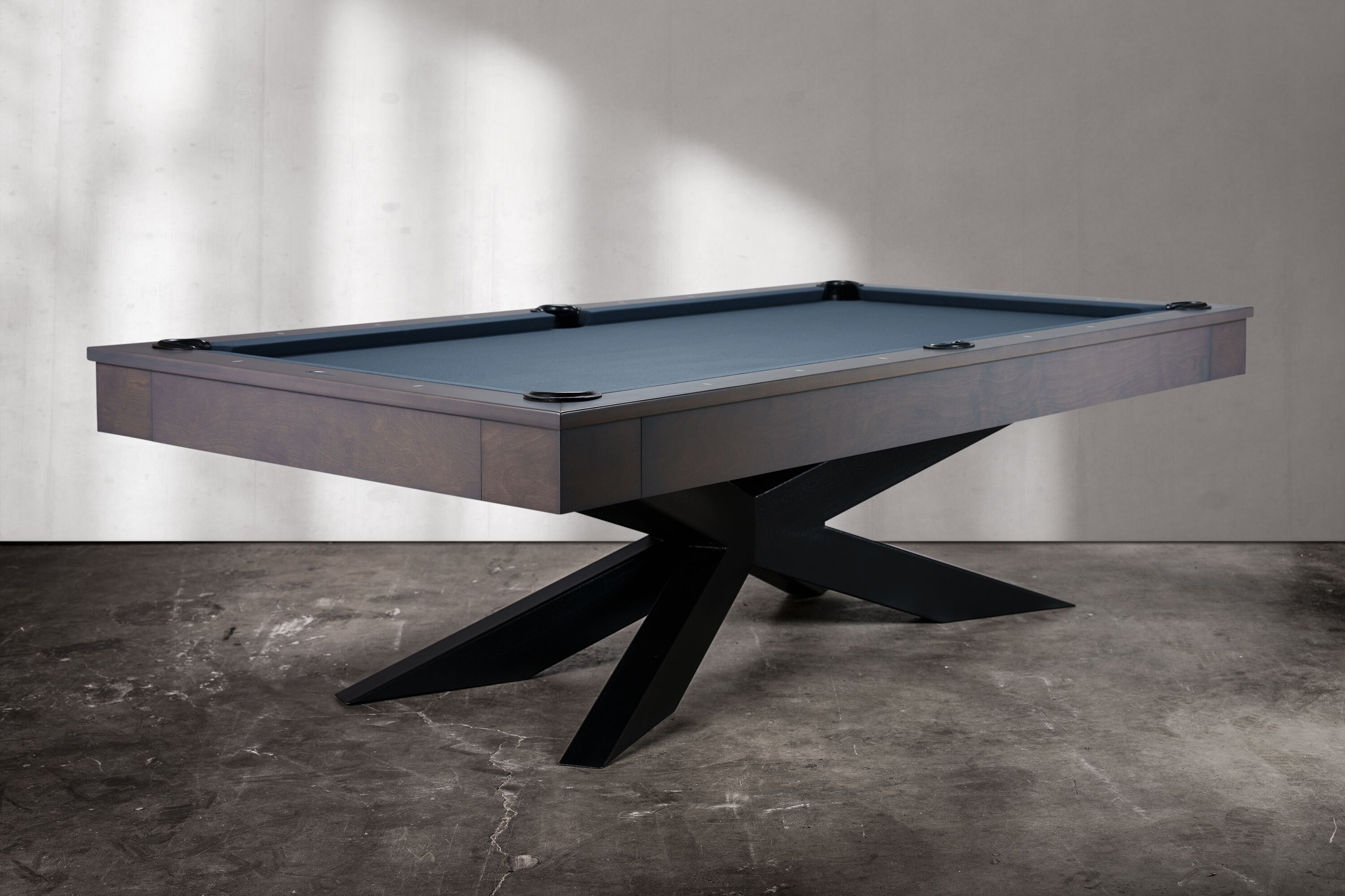 The Jett Steel Slate Pool Table in Smoke finish by Doc & Holliday — photographed in studio 3/4 angle. The cool grey tones of the Smoke finish complement the industrial strength of the steel base, creating a USA-made pool table that feels equally at home in a modern loft or a luxury game room.