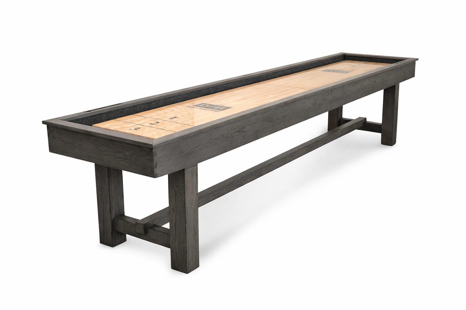 Hank 12 ft Shuffleboard Table in Marble Grey by Doc & Holliday featuring solid ash frame and recessed scoring system