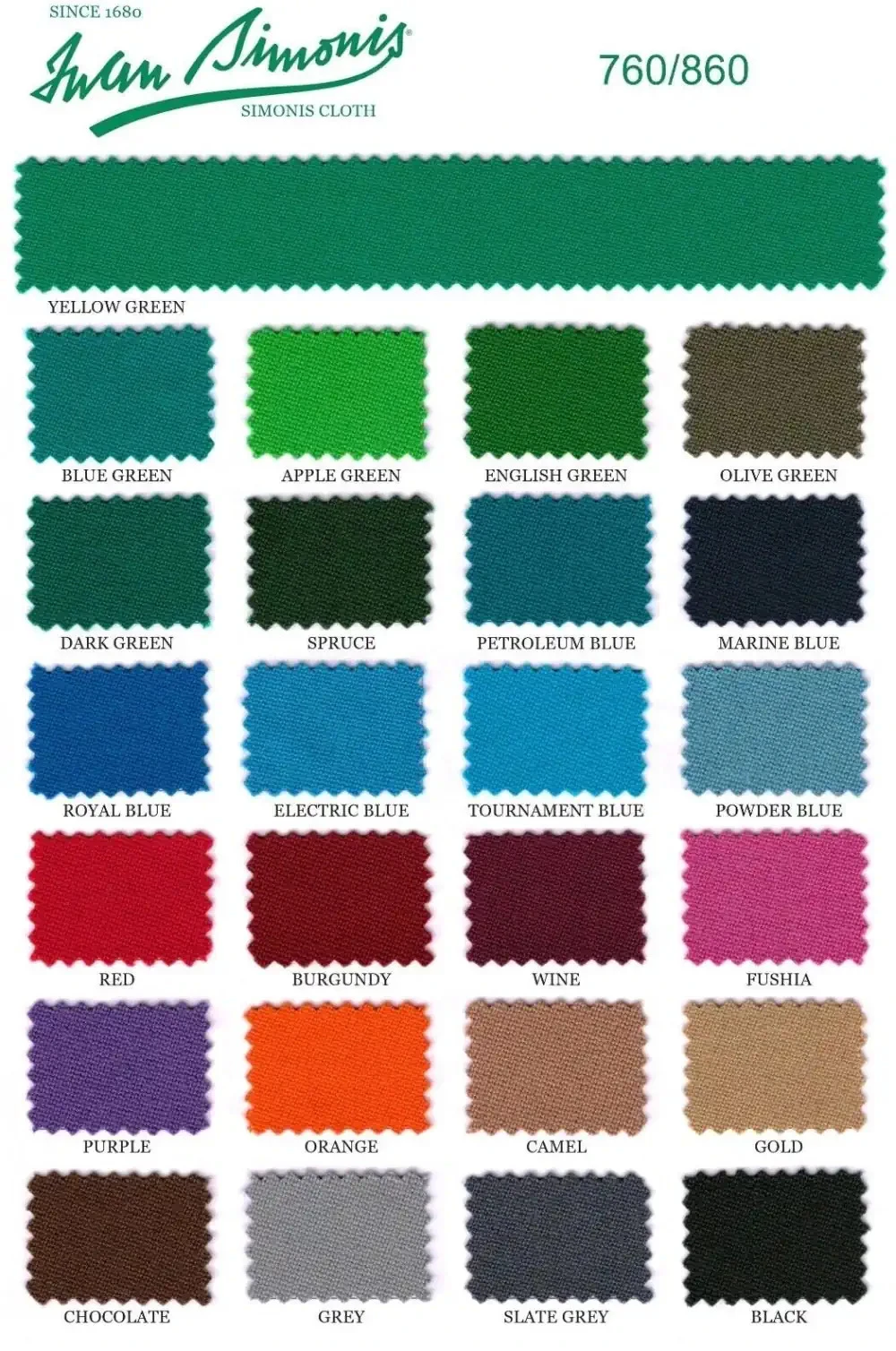 Simonis 760 and 860 billiard cloth color chart showing premium pool table felt options including green, blue, red, burgundy, camel, grey, slate grey, and black.