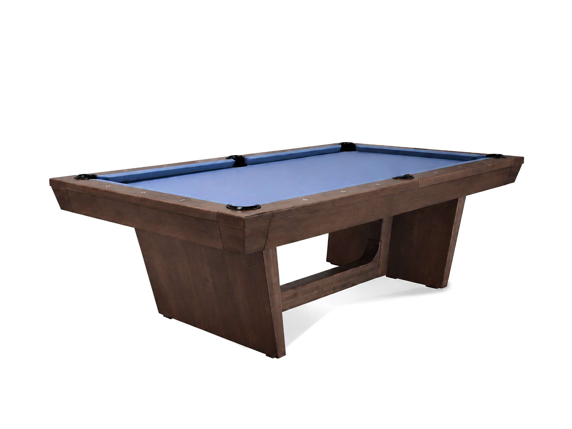 Doc & Holliday Kaci slate pool table in Antique Coffee with slate blue felt and tapered legs on a white background.