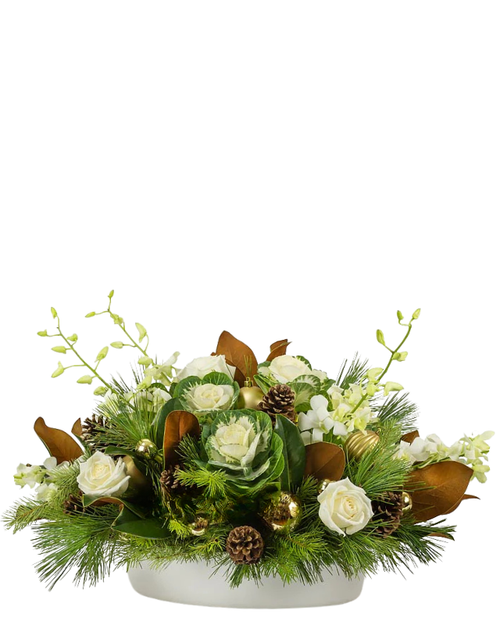 Rustic Frost winter centerpiece with white roses, orchids, kale, and pine cones in Albuquerque NM