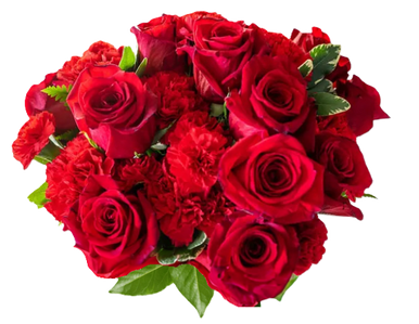I Be-Leaf In Us farm fresh bouquet with red roses, red carnations, and red mini carnations in a vase, Albuquerque Flower Market