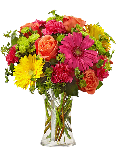 Sunburst Serenade floral arrangement with orange roses, hot pink and yellow gerbera daisies, hot pink carnations and green button poms