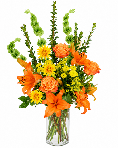 Fix It With Love floral arrangement with orange lilies, peach roses, yellow flowers, and greenery in a glass vase in Albuquerque, New Mexico