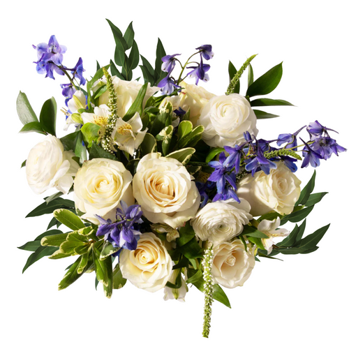 Moonlight Rose bouquet with white roses, blue delphinium, ranunculus, lilies, and greenery – Albuquerque NM