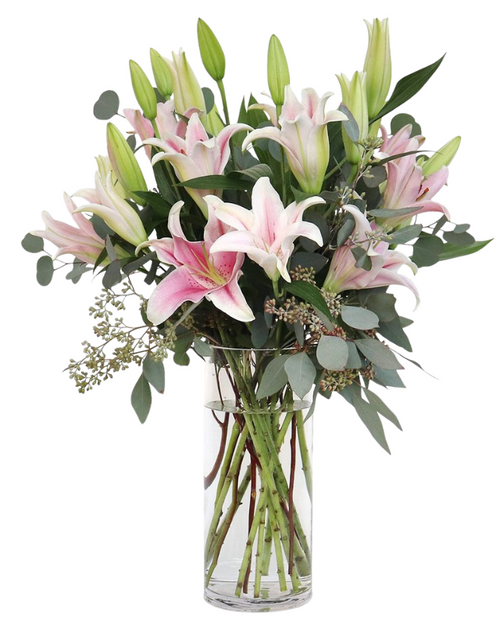 Lily in Bloom bouquet with pink Oriental lilies and seeded eucalyptus – Albuquerque NM Lily in Bloom bouquet with pink Oriental lilies and seeded eucalyptus – Albuquerque NM