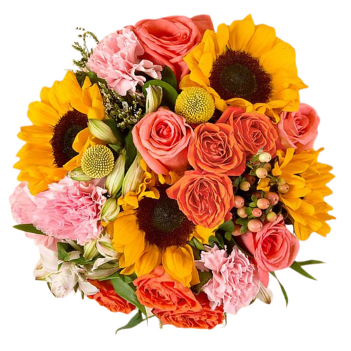 Farm fresh bouquet with sunflowers, pink carnations, roses, and craspedia in Albuquerque NM