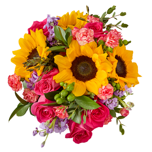 Farm fresh bouquet with sunflowers, hot pink roses, and lavender stock in Albuquerque NM