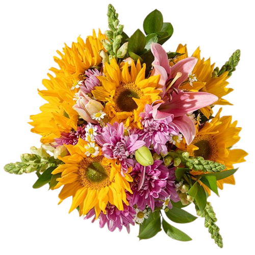 Sunlit Meadow bouquet with sunflowers, lilies, cushion poms, and snapdragons in Albuquerque NM