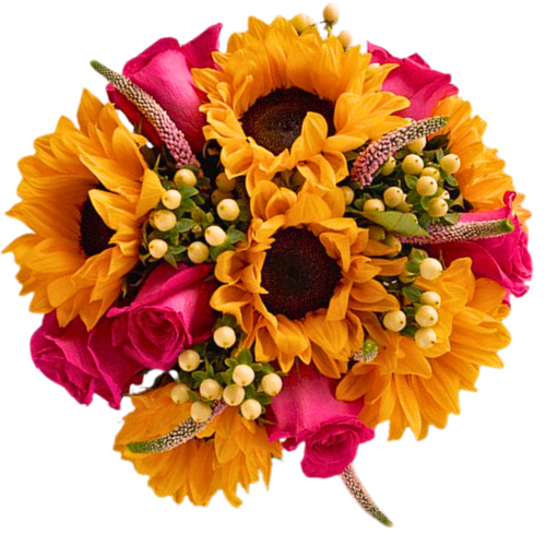 Sweet Summer Sunflowers bouquet with hot pink roses, veronica, and white hypericum in Albuquerque NM