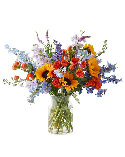 Sundrenched summer flower bouquet with sunflowers and delphinium – Albuquerque NM