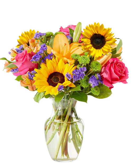 Sunflower Remix colorful flower arrangement with statice and button poms – Albuquerque NM