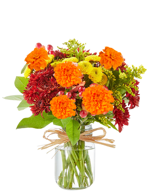 Marigold Sunset mason jar bouquet with marigolds, mums, button poms, berries, and solidago in Albuquerque NM.