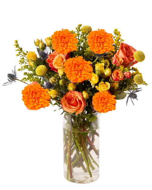 Marigold Spark slender vase bouquet with marigolds, roses, craspedia, solidago, and thistle in Albuquerque NM.